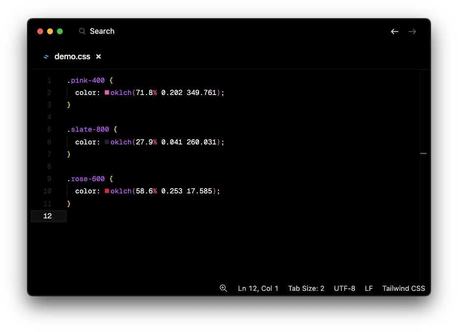 Earlier Visualise OKLCH inline swatches next to pink, slate and rose OKLCH values in a VS Code editor example